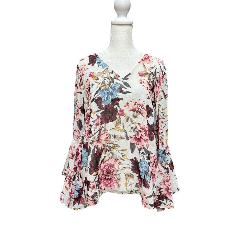 WHBM White House Black Market Floral Sheer Bell Sleeve Blouse Size 12